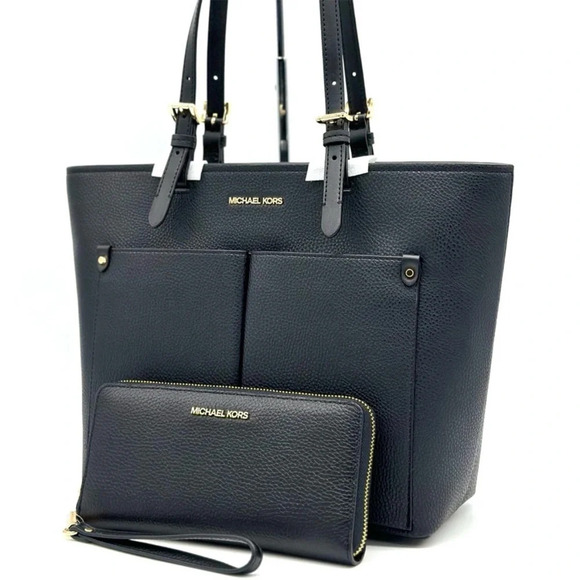 Michael Kors Jet Set Medium Pocket Tote Bag & Continental Wallet Wristlet Black - Picture 1 of 13